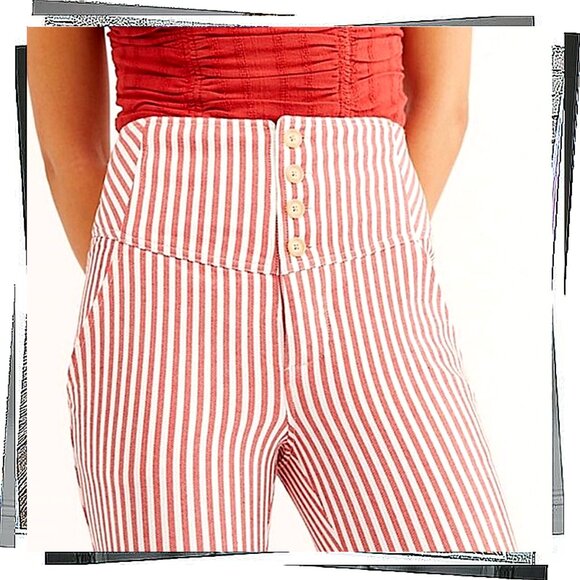 Retro Vibe Red & White Striped Hi-Rise Skinny Pants (4) by Free People - Picture 1 of 8